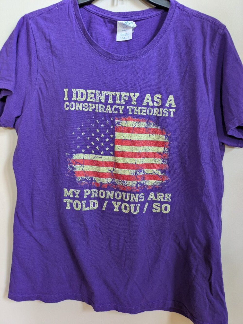 Identify as a conspiracy theorist flag purple t shirt woman size L #272